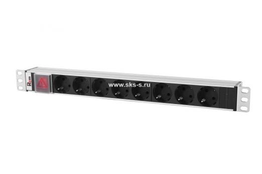 Блок розеток Rem-10 без шнура с выкл., 8 Sсhuko, вход IEC 60320 C14, 10 A, алюм., 19"