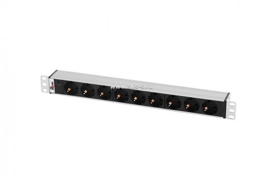 Блок розеток Rem-10 без шнура с инд., 9 Sсhuko, вход IEC 60320 C14, 10 A, алюм., 19"