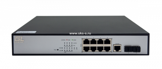 Управляемый L2 PoE коммутатор GIGALINK 8 Base-T 10/100/1000Mb/s портов, 2 Base-X SFP 1000Mb/s. 1U 19'', 220V, суммарная мощность 150W